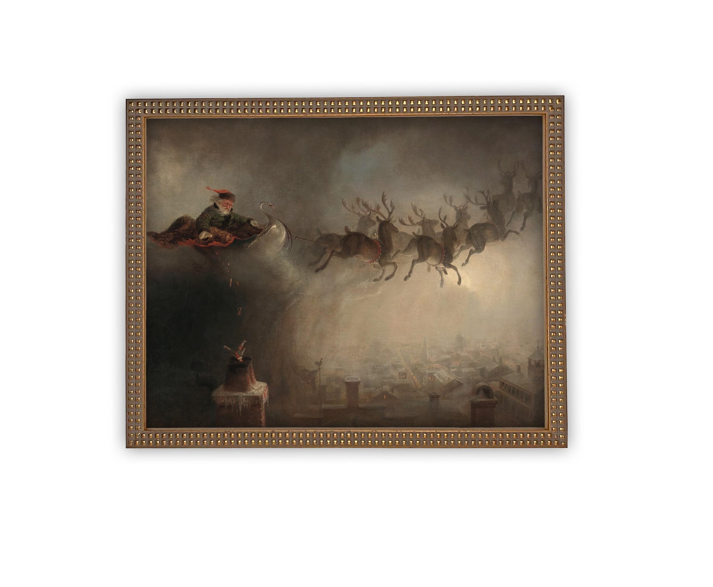 READY TO SHIP 11X14 Vintage Christmas Canvas Art: Santa and Reindeer Painting