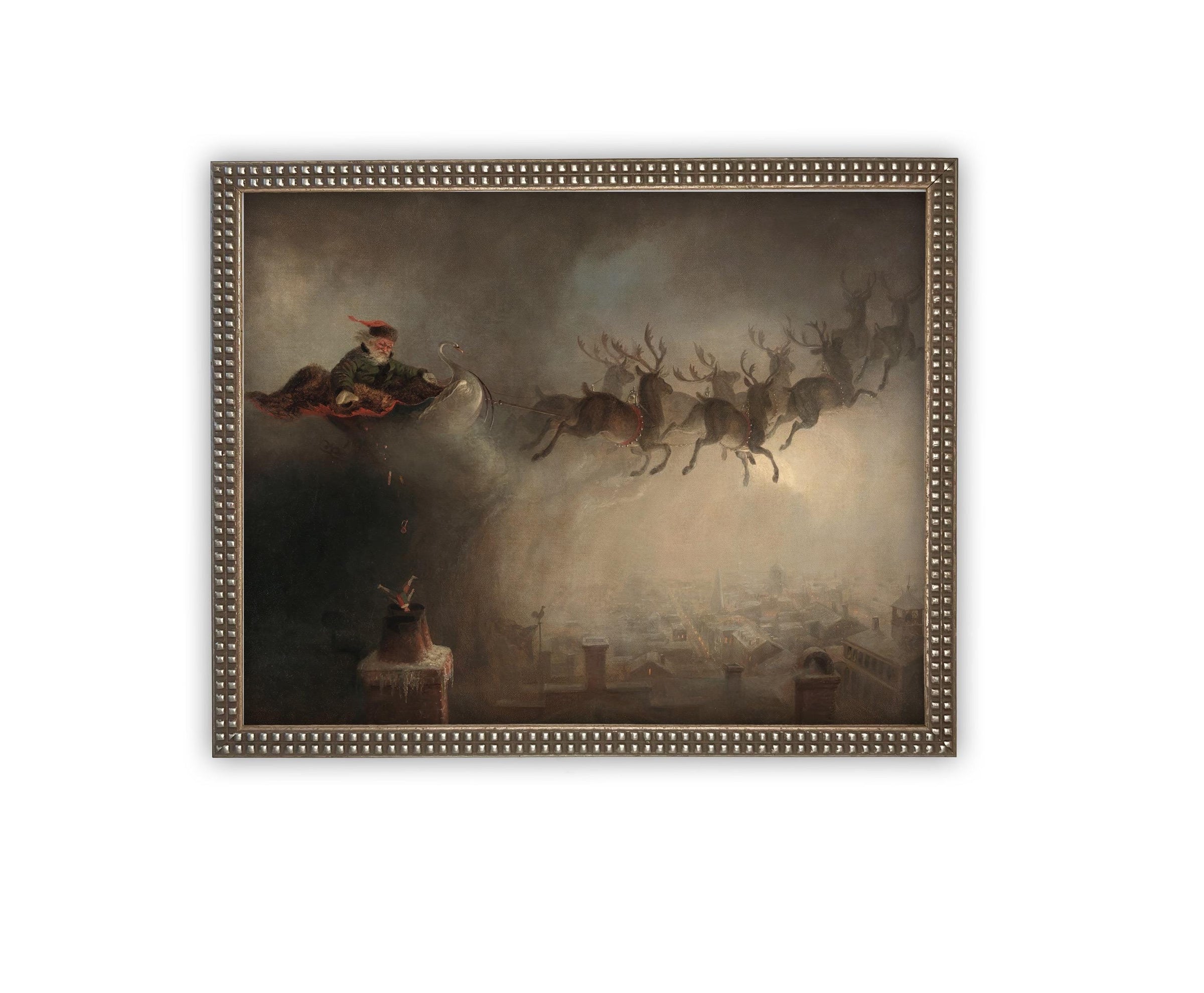 READY TO SHIP 11X14 Vintage Christmas Canvas Art: Santa and Reindeer Painting