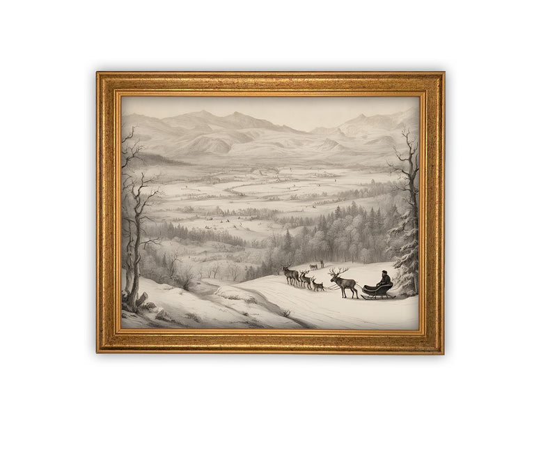 Vintage Framed Canvas Art // Framed Vintage Christmas Print // Christmas Sled with Reindeer Painting // Farmhouse print //#CH-328