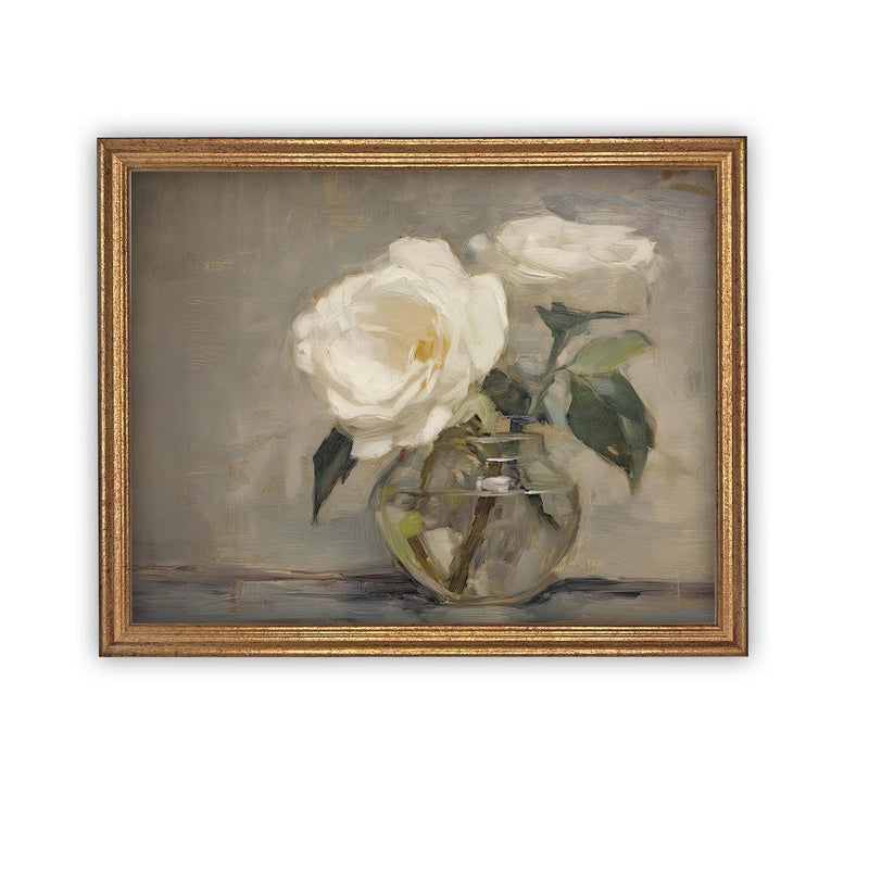 Vintage Framed Canvas Art // Framed Vintage Floral Print // Vintage White Roses Painting // Still Life Botanical Farmhouse print //#BOT-157