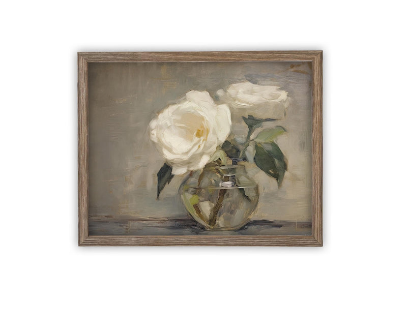 Vintage Framed Canvas Art // Framed Vintage Floral Print // Vintage White Roses Painting // Still Life Botanical Farmhouse print //#BOT-157