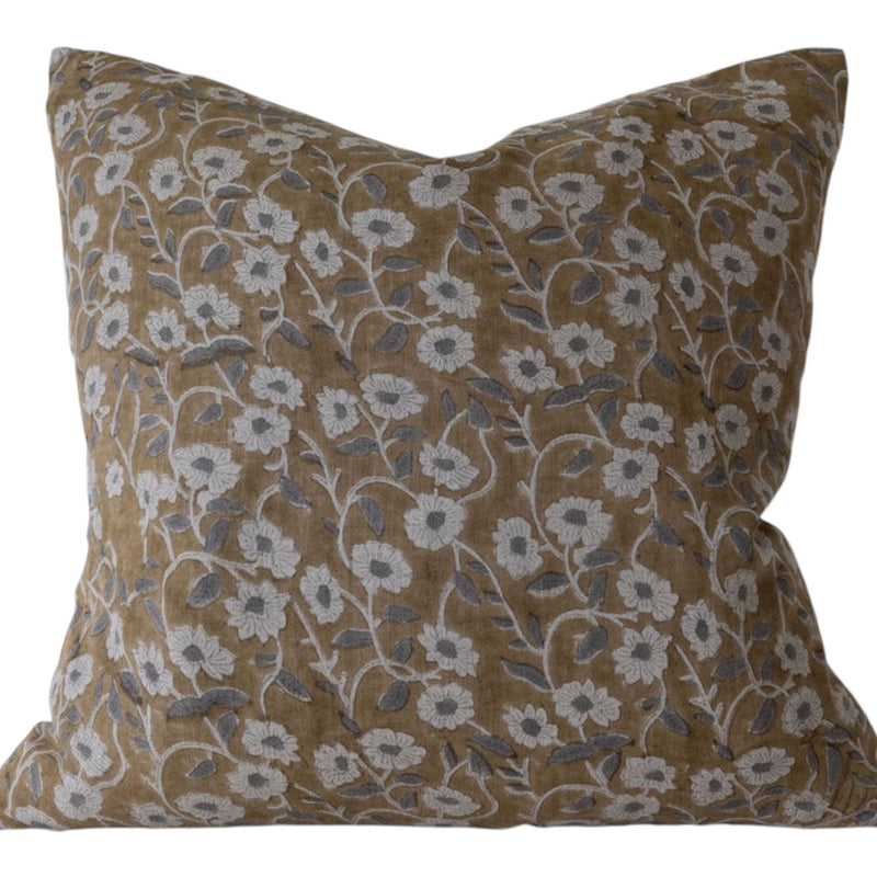 Designer "Sigard" Block Print Floral Pillow Cover // Natural Gray Mustard Linen Pillow Cover // Boutique Pillow Covers // Modern Farmhouse