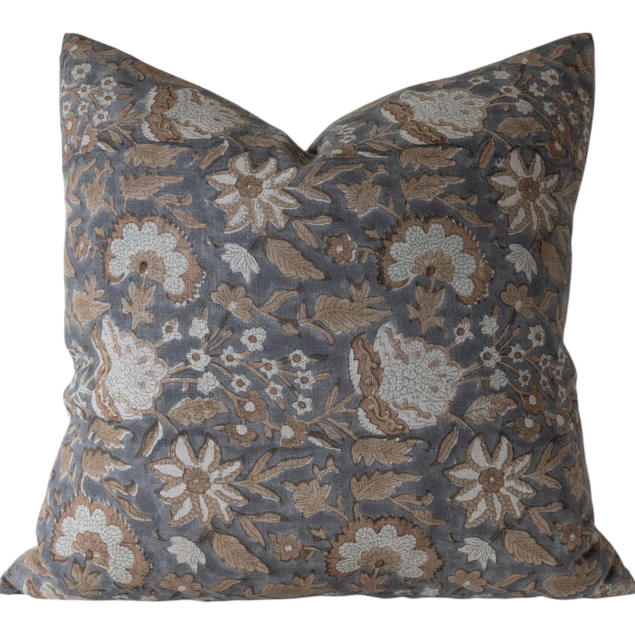 Designer "Trenton" Block Print Floral Pillow Cover // Gray Tan Neutral Linen Pillow Cover // Boutique Pillow Covers // Modern Farmhouse