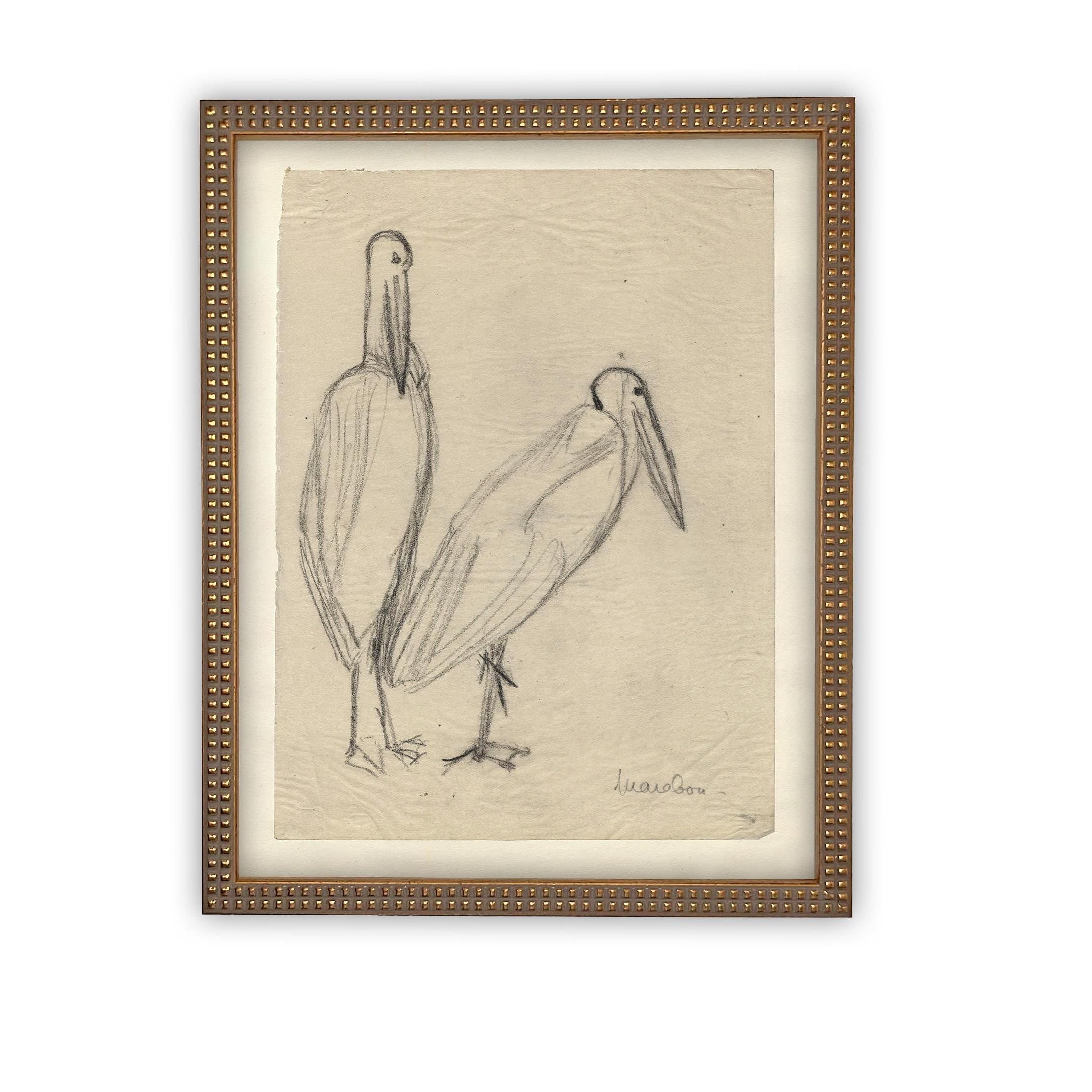 READY TO SHIP 24X36 Vintage Birds Sketch Framed Canvas Art: Nursery Print