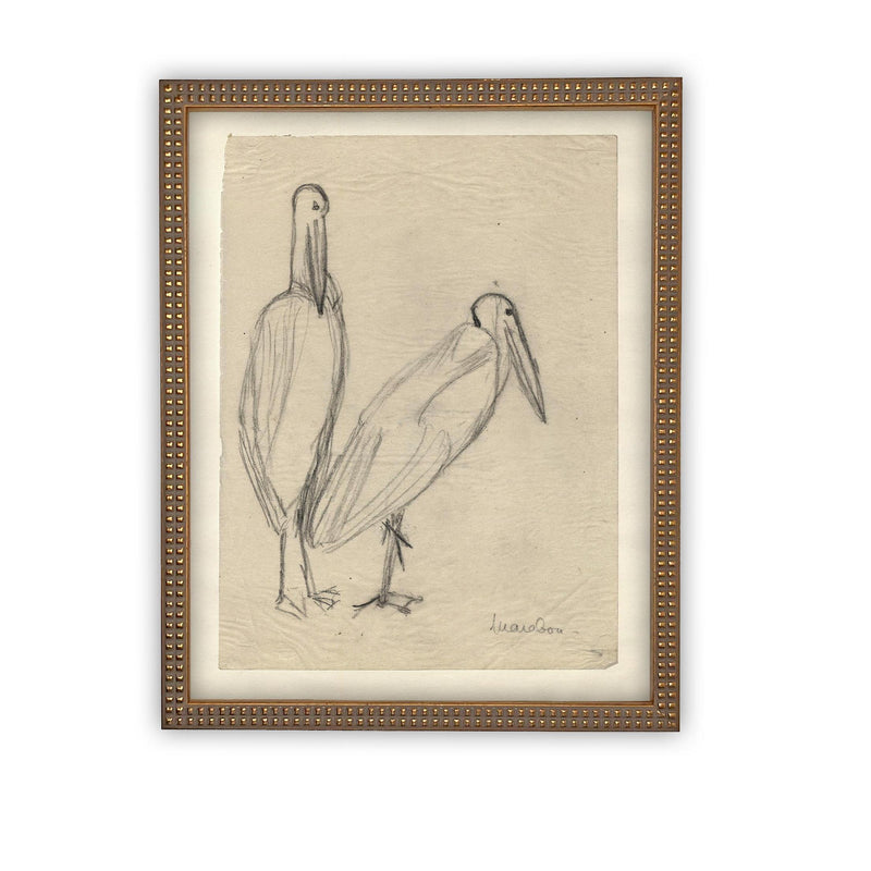 READY TO SHIP 24X36 Vintage Birds Sketch Framed Canvas Art: Nursery Print