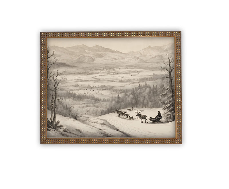 Vintage Framed Canvas Art // Framed Vintage Christmas Print // Christmas Sled with Reindeer Painting // Farmhouse print //#CH-328