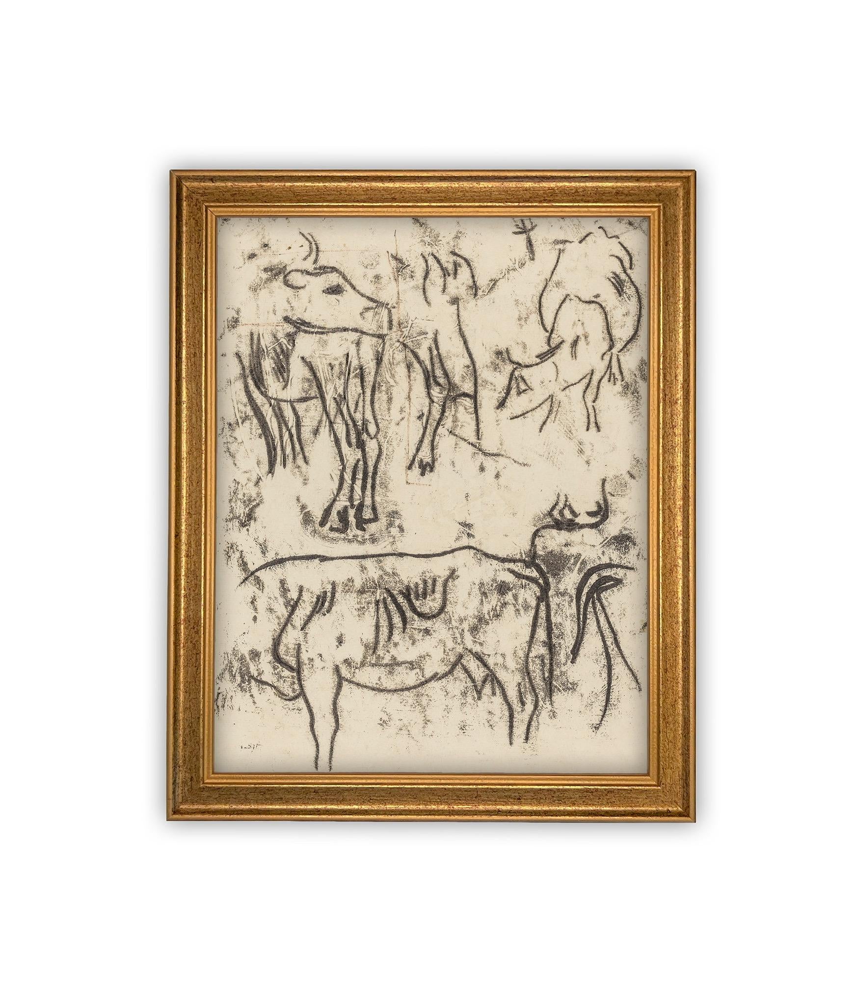 Vintage Framed Canvas Art // Framed Vintage Print // Vintage Painting // Vintage Bulls Sketch Art// Farmhouse print //#A-191