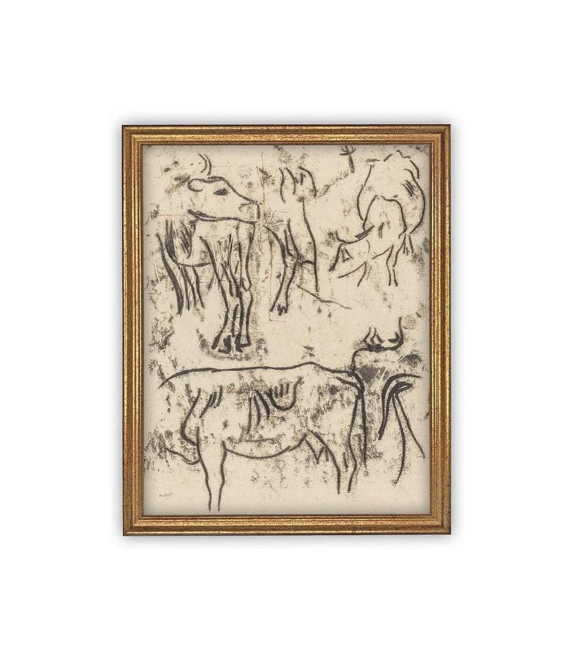 Vintage Framed Canvas Art // Framed Vintage Print // Vintage Painting // Vintage Bulls Sketch Art// Farmhouse print //#A-191