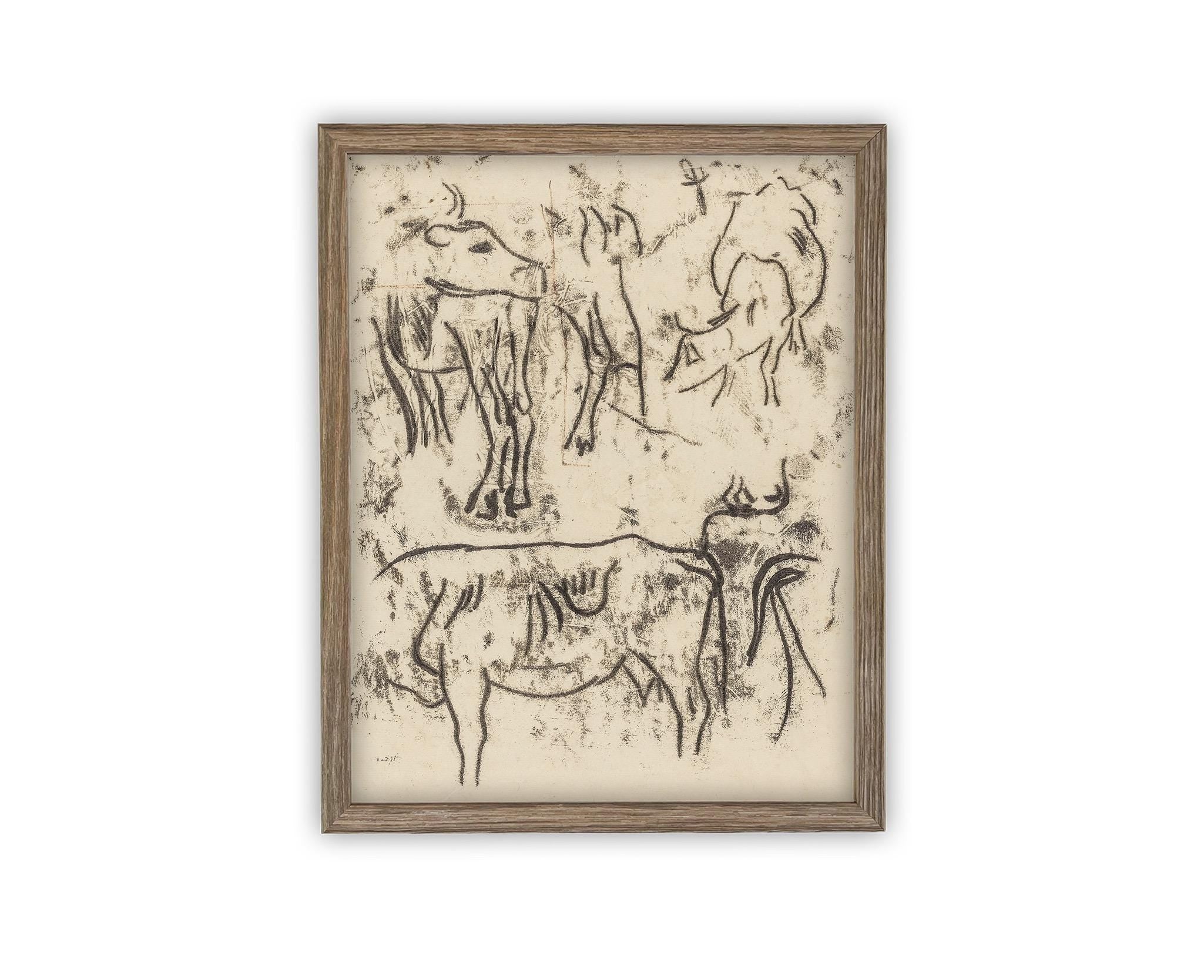 Vintage Framed Canvas Art // Framed Vintage Print // Vintage Painting // Vintage Bulls Sketch Art// Farmhouse print //#A-191