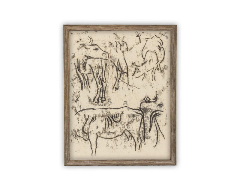 Vintage Framed Canvas Art // Framed Vintage Print // Vintage Painting // Vintage Bulls Sketch Art// Farmhouse print //#A-191