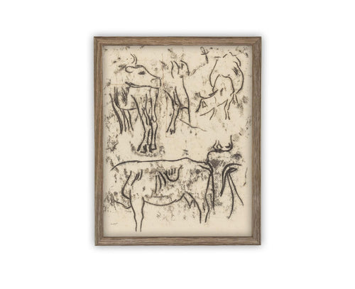 Vintage Framed Canvas Art // Framed Vintage Print // Vintage Painting // Vintage Bulls Sketch Art// Farmhouse print //#A-191