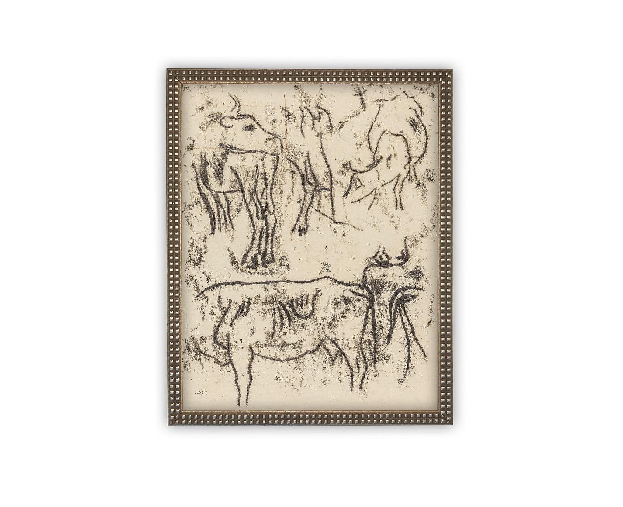 Vintage Framed Canvas Art // Framed Vintage Print // Vintage Painting // Vintage Bulls Sketch Art// Farmhouse print //#A-191