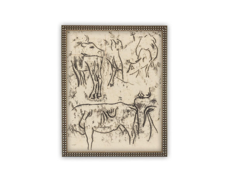 Vintage Framed Canvas Art // Framed Vintage Print // Vintage Painting // Vintage Bulls Sketch Art// Farmhouse print //#A-191
