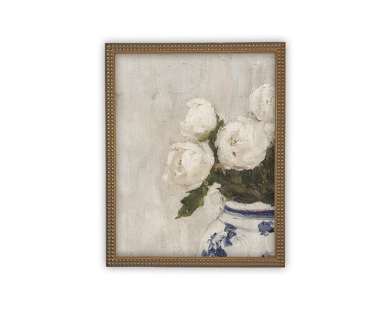 Vintage Framed Canvas Art // Framed Vintage Floral Print // Vintage White Roses Painting // Still Life Botanical Farmhouse print //#BOT-162