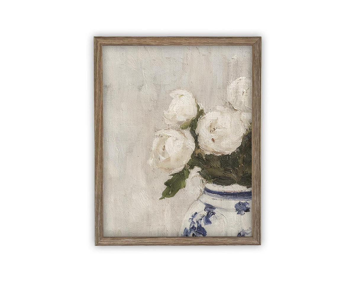 Vintage Framed Canvas Art // Framed Vintage Floral Print // Vintage White Roses Painting // Still Life Botanical Farmhouse print //#BOT-162