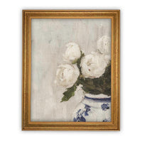 Vintage Framed Canvas Art // Framed Vintage Floral Print // Vintage White Roses Painting // Still Life Botanical Farmhouse print //#BOT-162