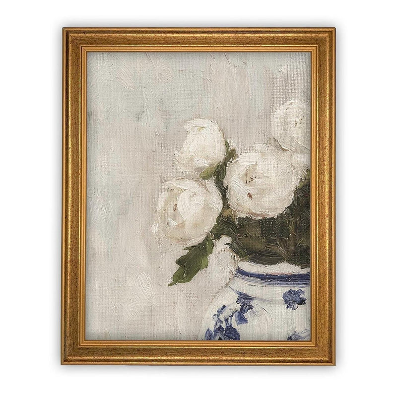 Vintage Framed Canvas Art // Framed Vintage Floral Print // Vintage White Roses Painting // Still Life Botanical Farmhouse print //#BOT-162