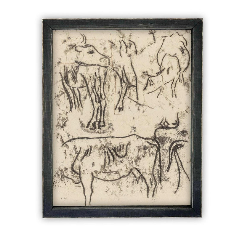 Vintage Framed Canvas Art // Framed Vintage Print // Vintage Painting // Vintage Bulls Sketch Art// Farmhouse print //#A-191