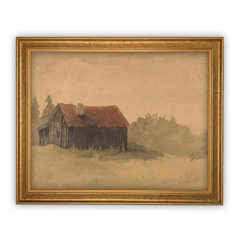 Vintage Framed Canvas Art // Framed Vintage Print // Vintage Oil Painting // Vintage Landscape Barn Art // Modern Farmhouse Art //#ARC-127