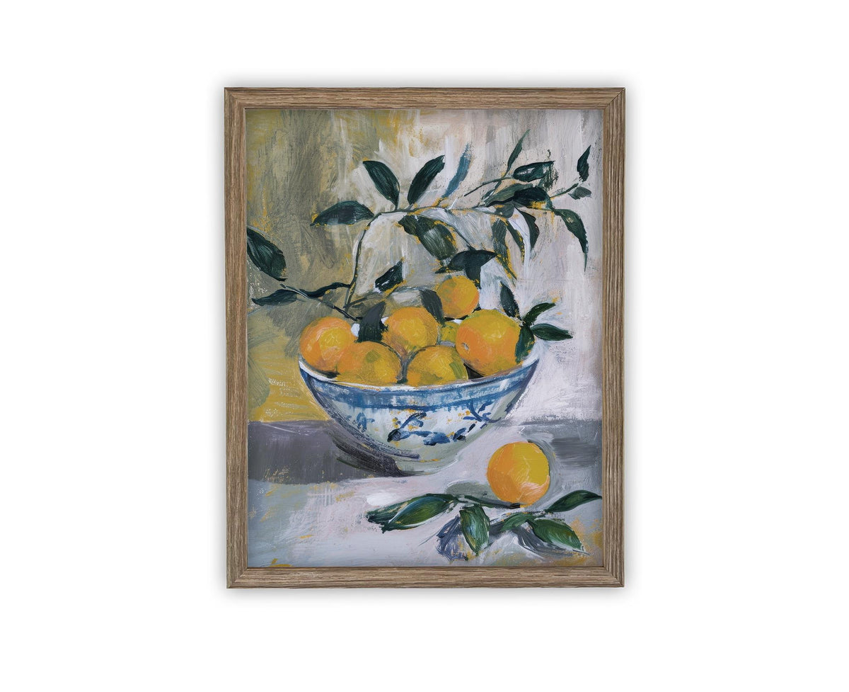 Vintage Framed Canvas Art // Framed Vintage Bowl of Oranges // Vintage Fruit // Still Life Kitchen Painting // Farmhouse print //#ST-637