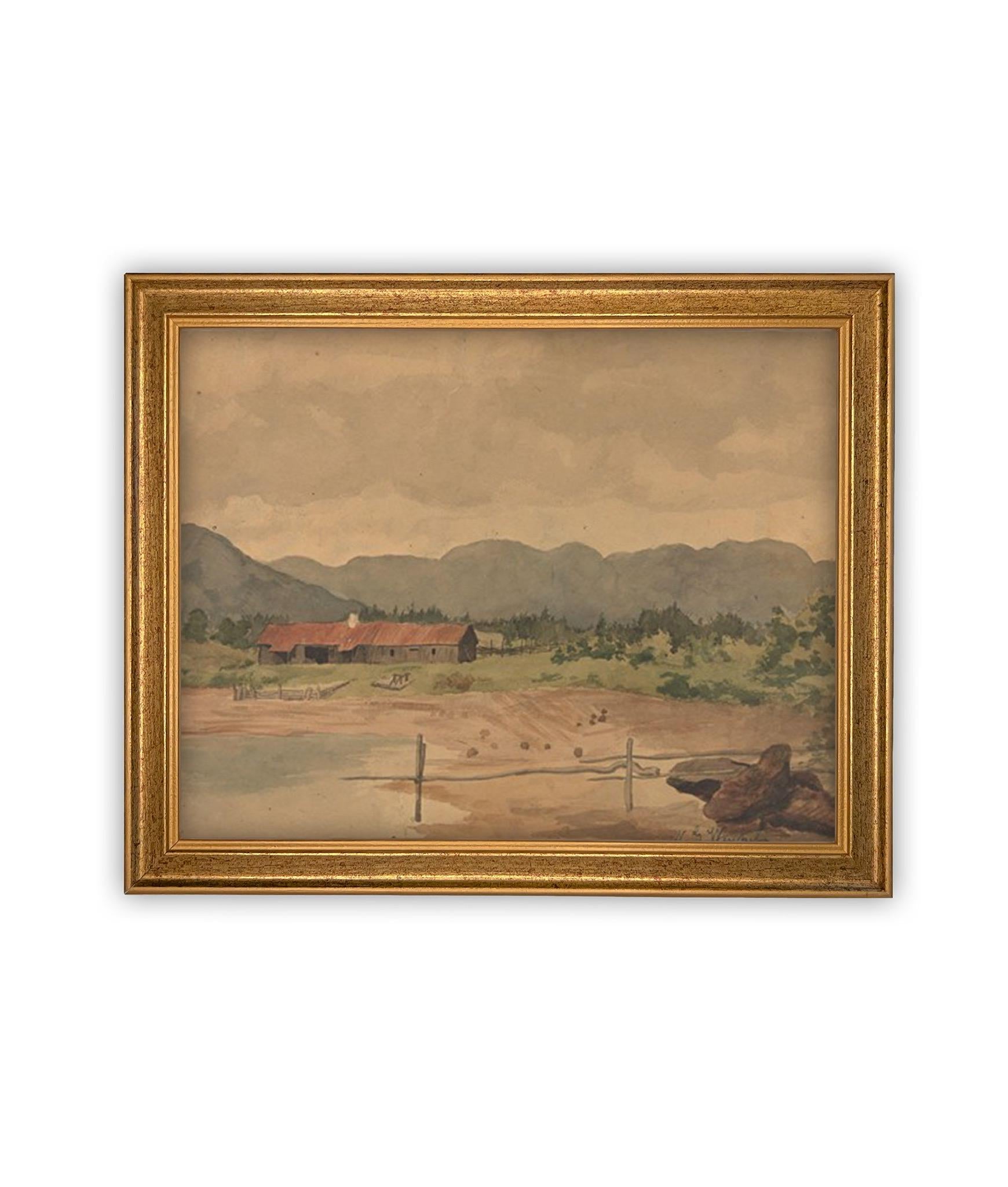 Vintage Framed Canvas Art // Framed Vintage Print // Vintage Oil Painting // Vintage Landscape Barn Art // Modern Farmhouse Art //#ARC-126