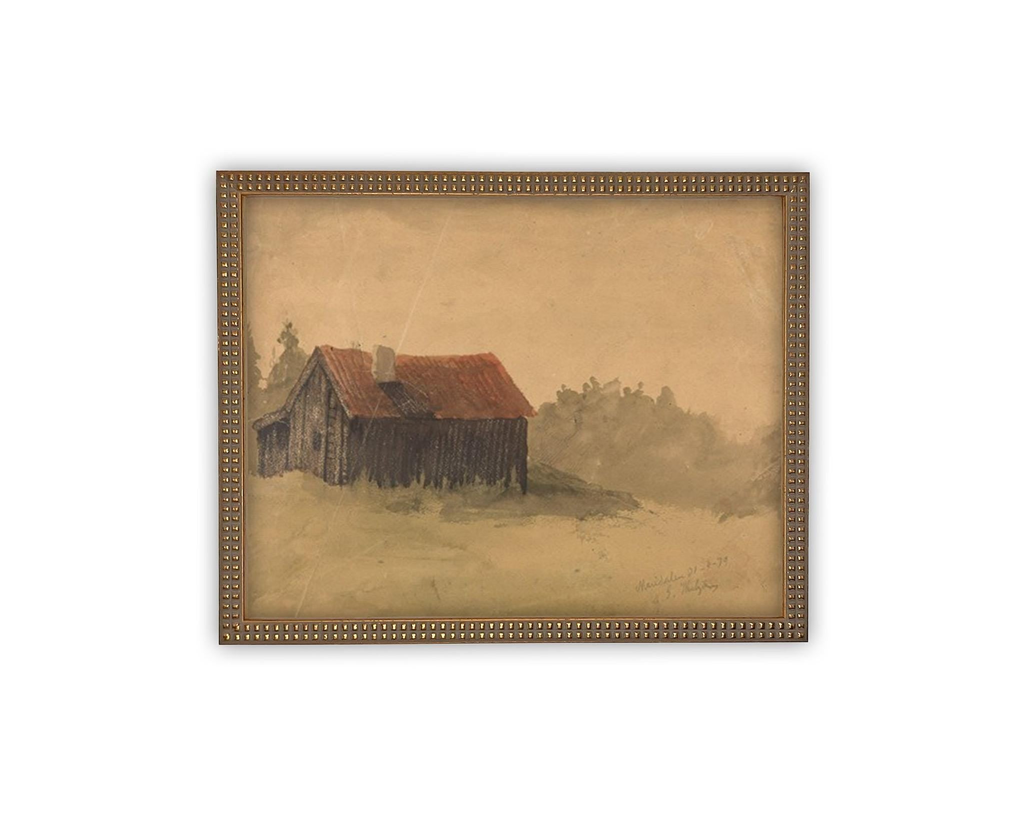 Vintage Framed Canvas Art // Framed Vintage Print // Vintage Oil Painting // Vintage Landscape Barn Art // Modern Farmhouse Art //#ARC-127