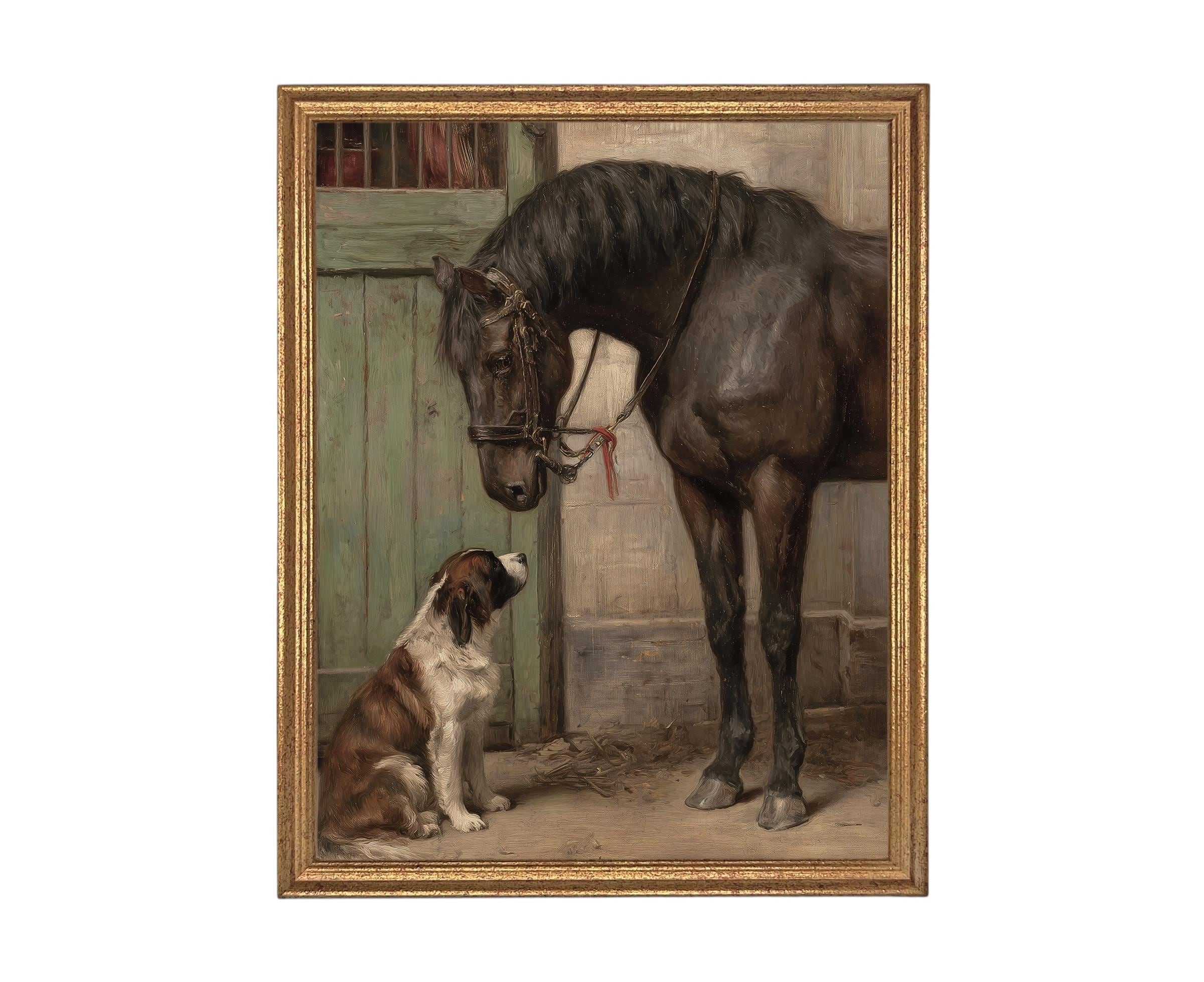 READY to SHIP 11x14 Framed Canvas Print: Horse and Dog Equestrian Art