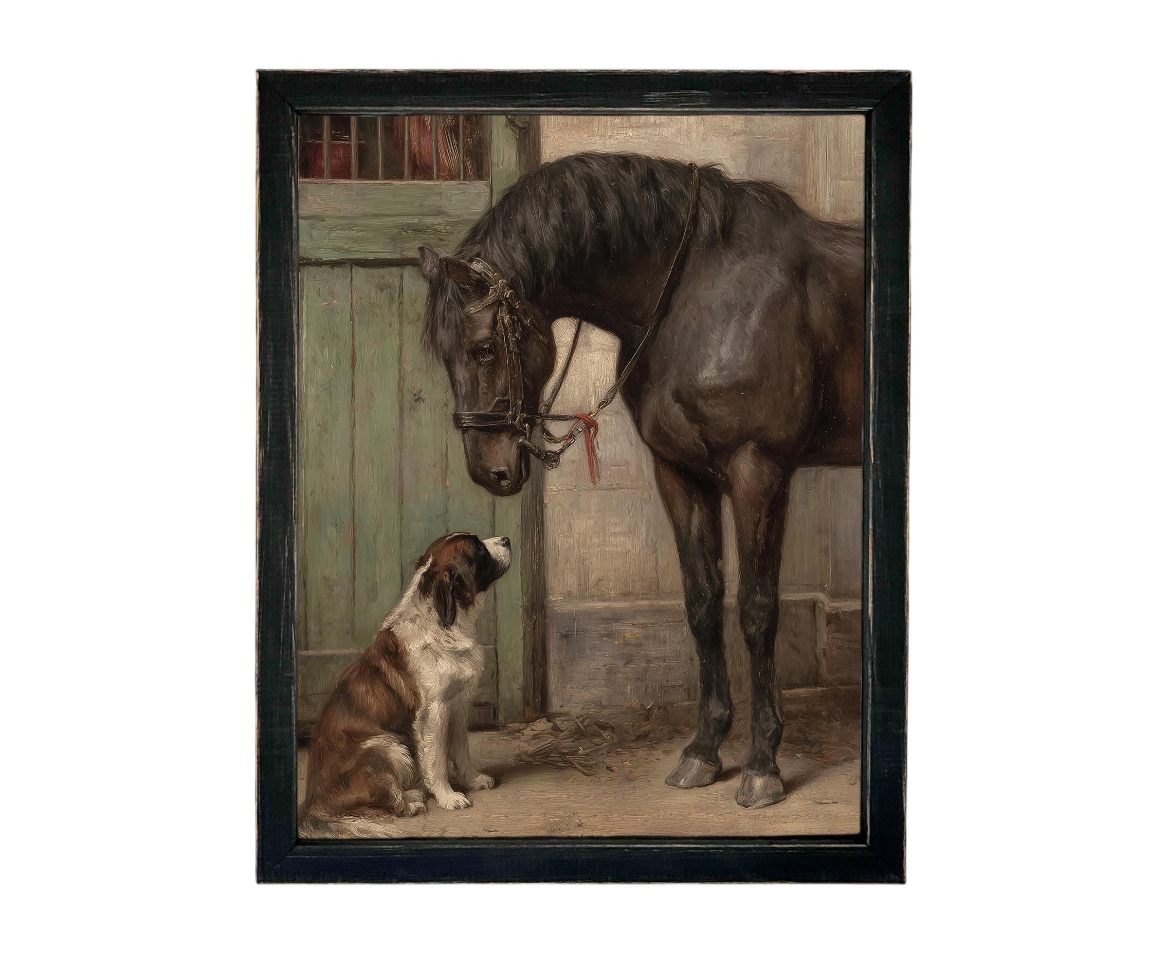 READY to SHIP 11x14 Framed Canvas Print: Horse and Dog Equestrian Art