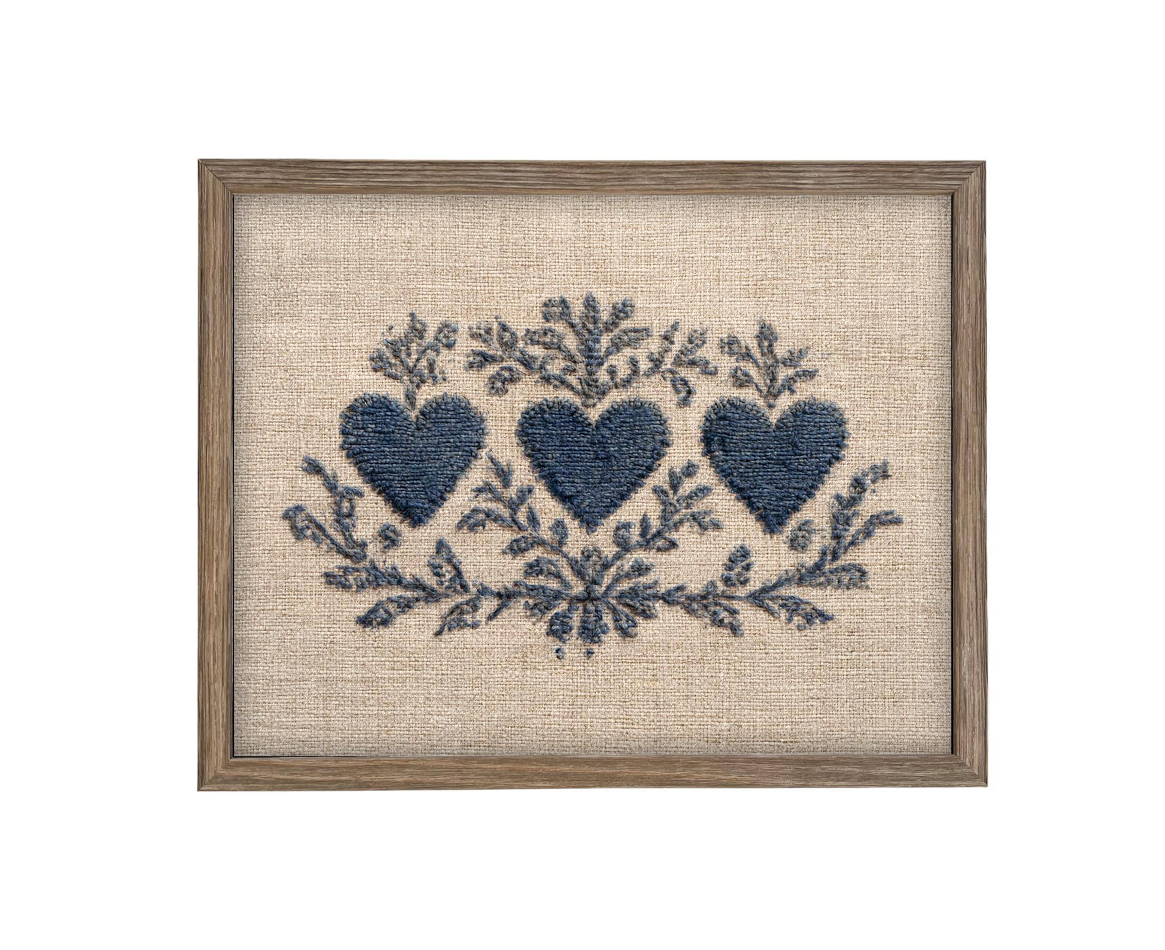 Framed Vintage Canvas Print: Folk Art Heart Tapestry Art
