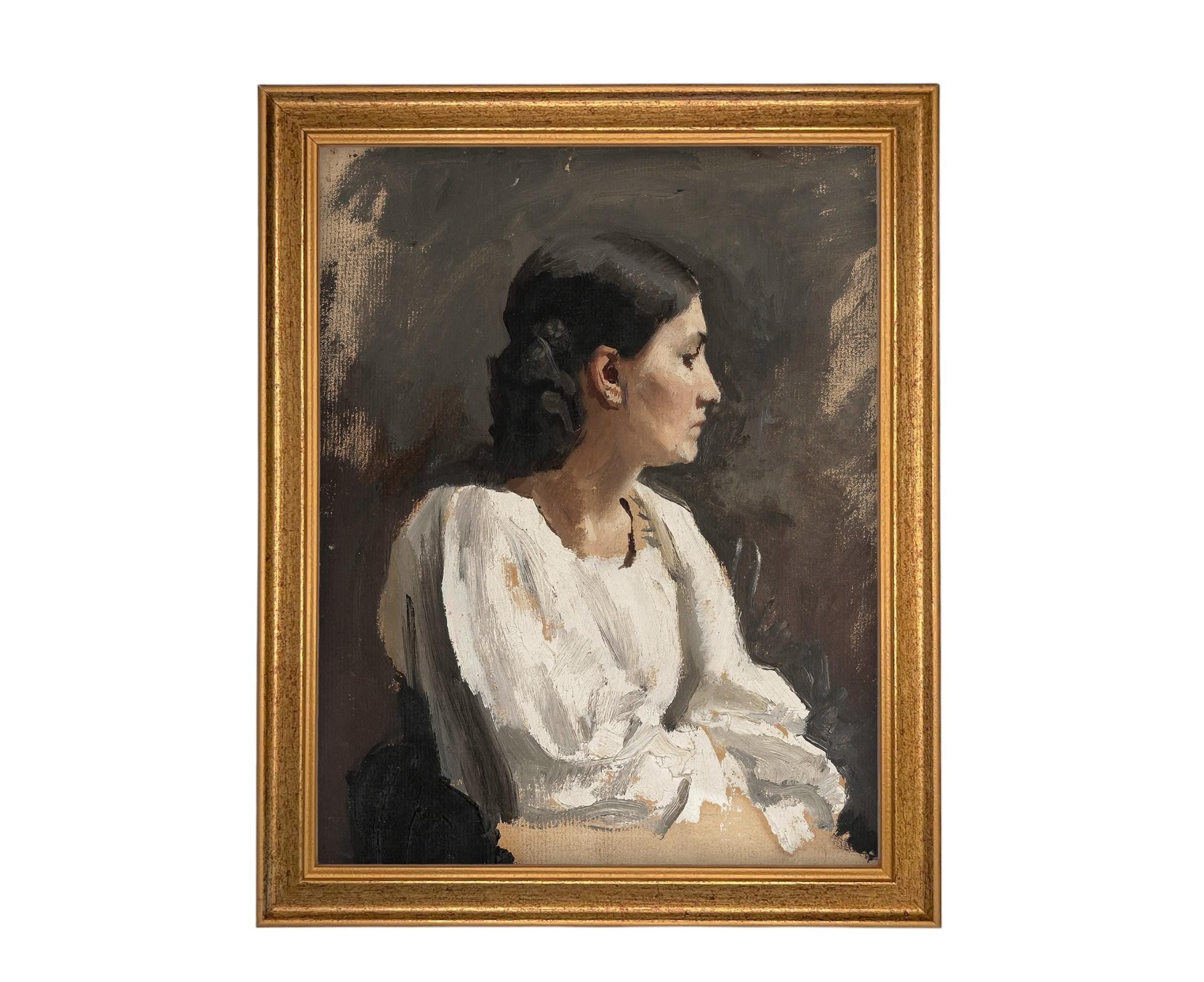 Framed Vintage Woman Portrait: Traditional Farmhouse Canvas Art Print