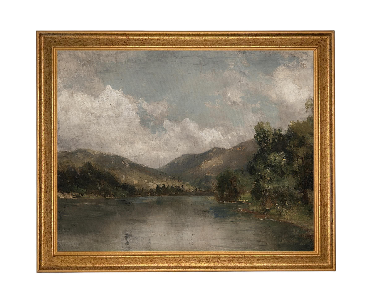Framed Lake House Canvas Print: Vintage Moody Landscape Art