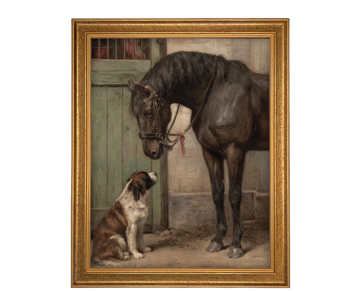 READY to SHIP 11x14 Framed Canvas Print: Horse and Dog Equestrian Art