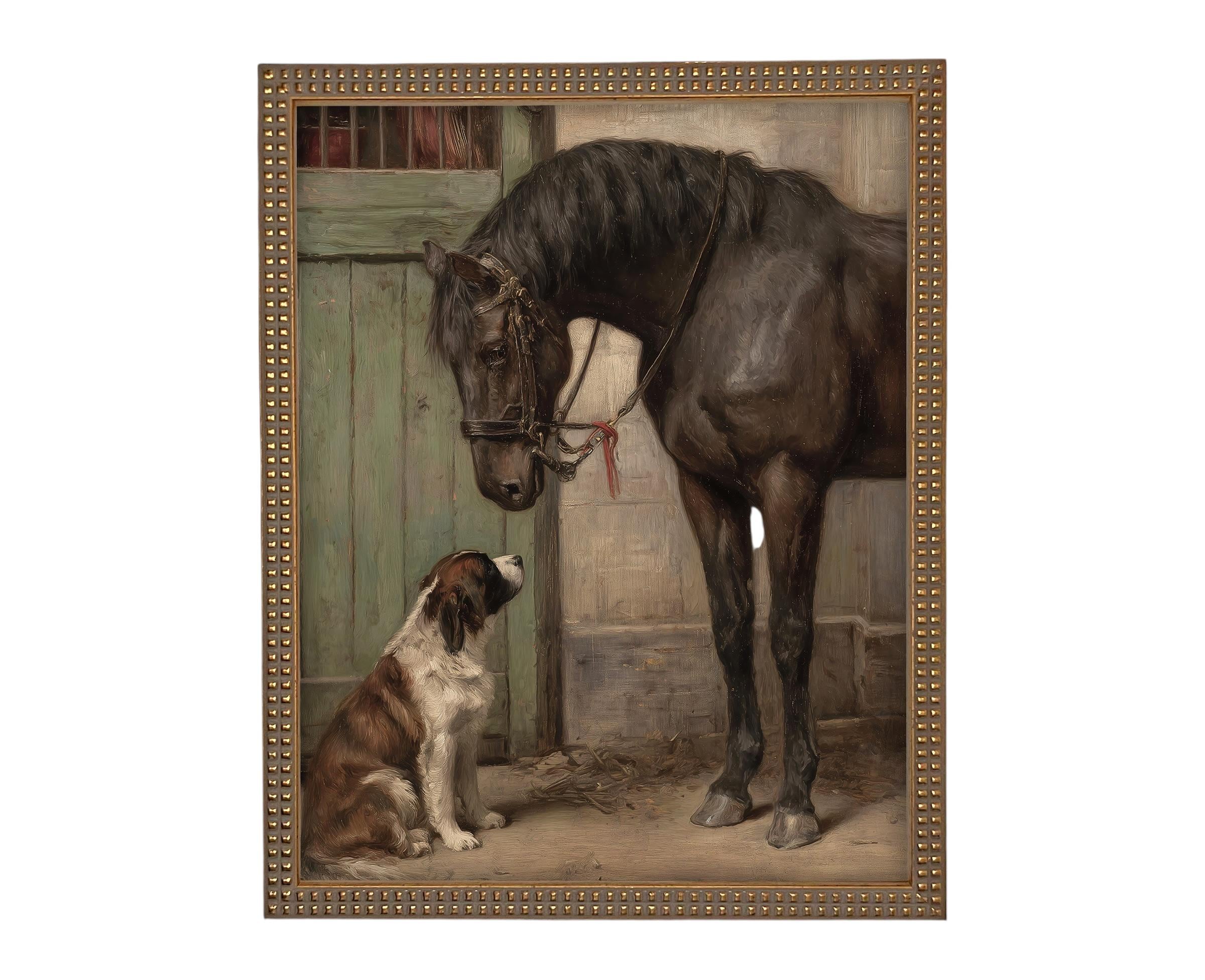 READY to SHIP 11x14 Framed Canvas Print: Horse and Dog Equestrian Art