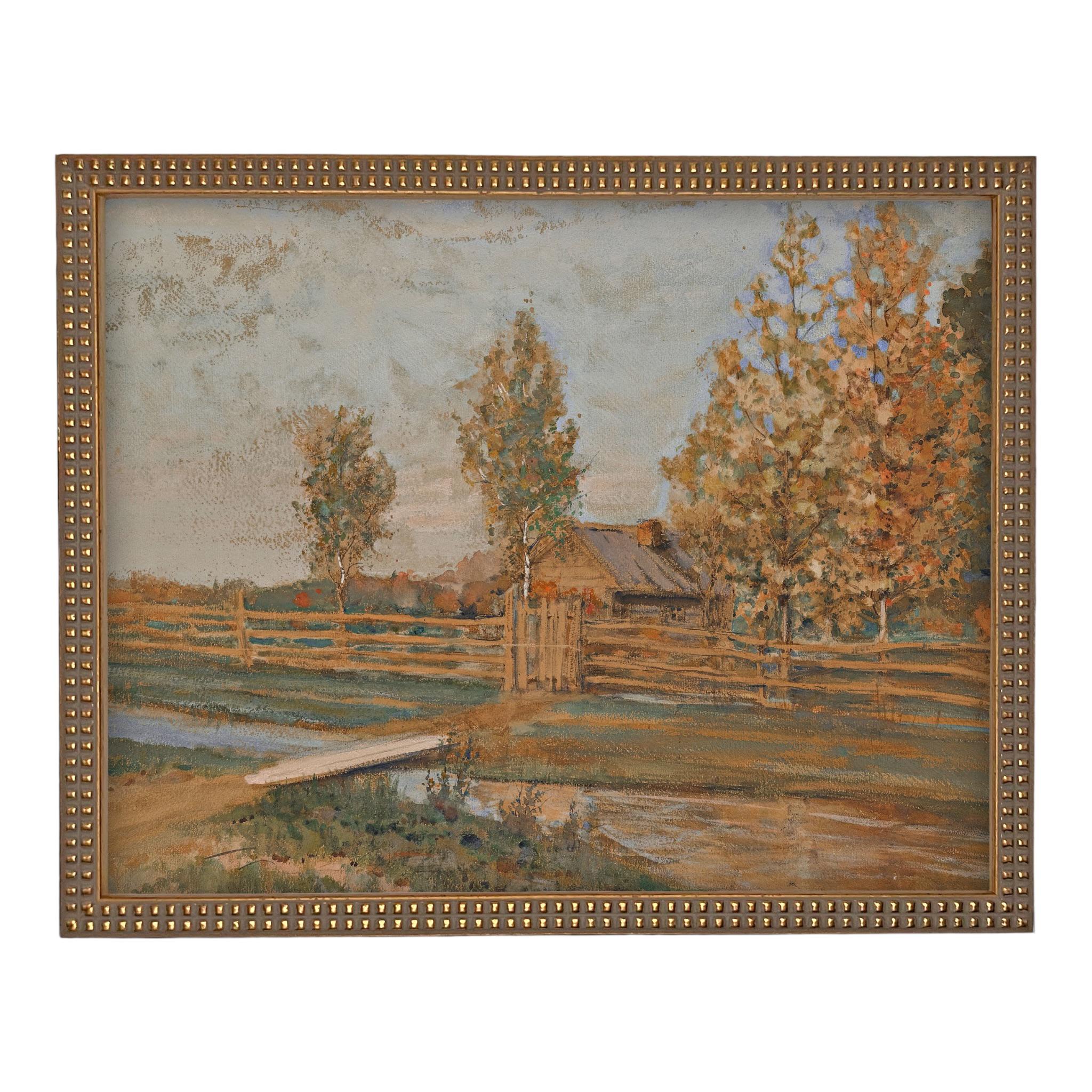 Framed Vintage Canvas Print: Fall Farmhouse Landscape Art #LAN-283