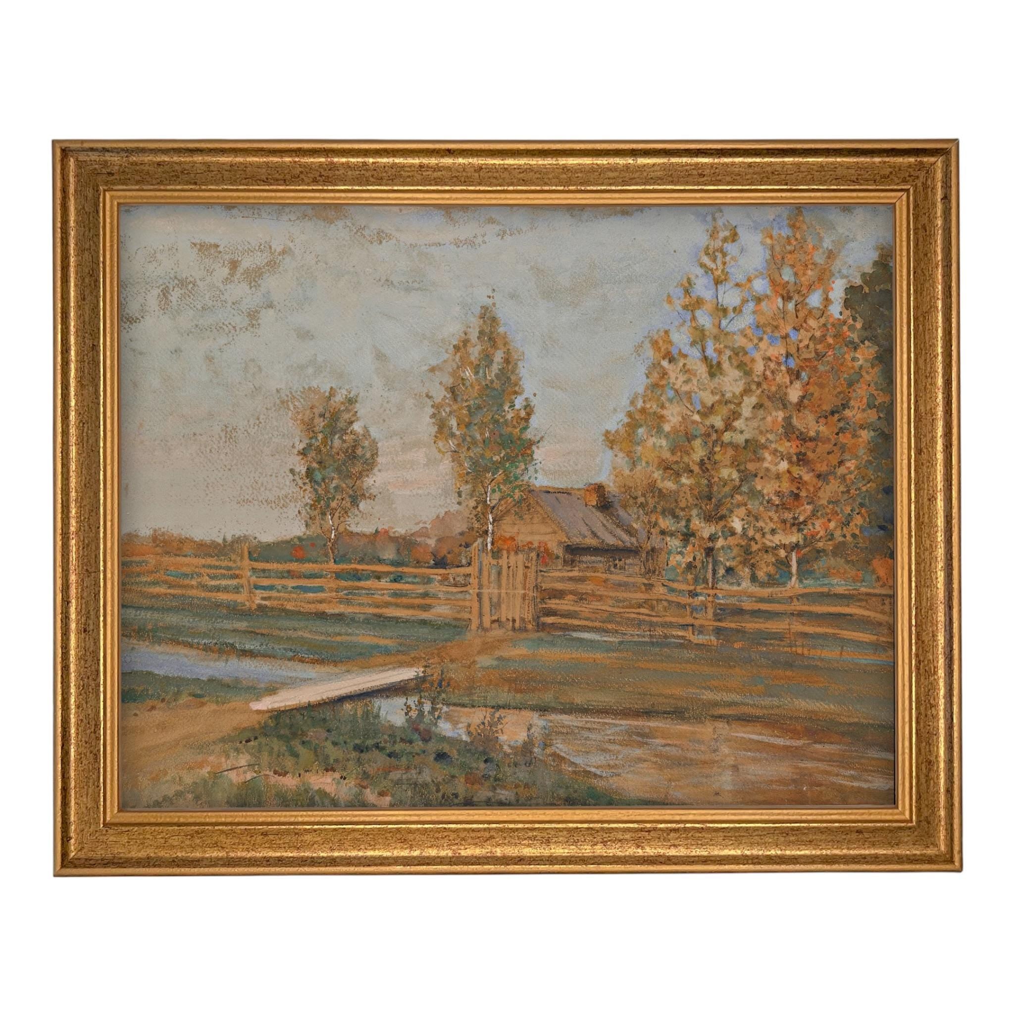 Framed Vintage Canvas Print: Fall Farmhouse Landscape Art #LAN-283