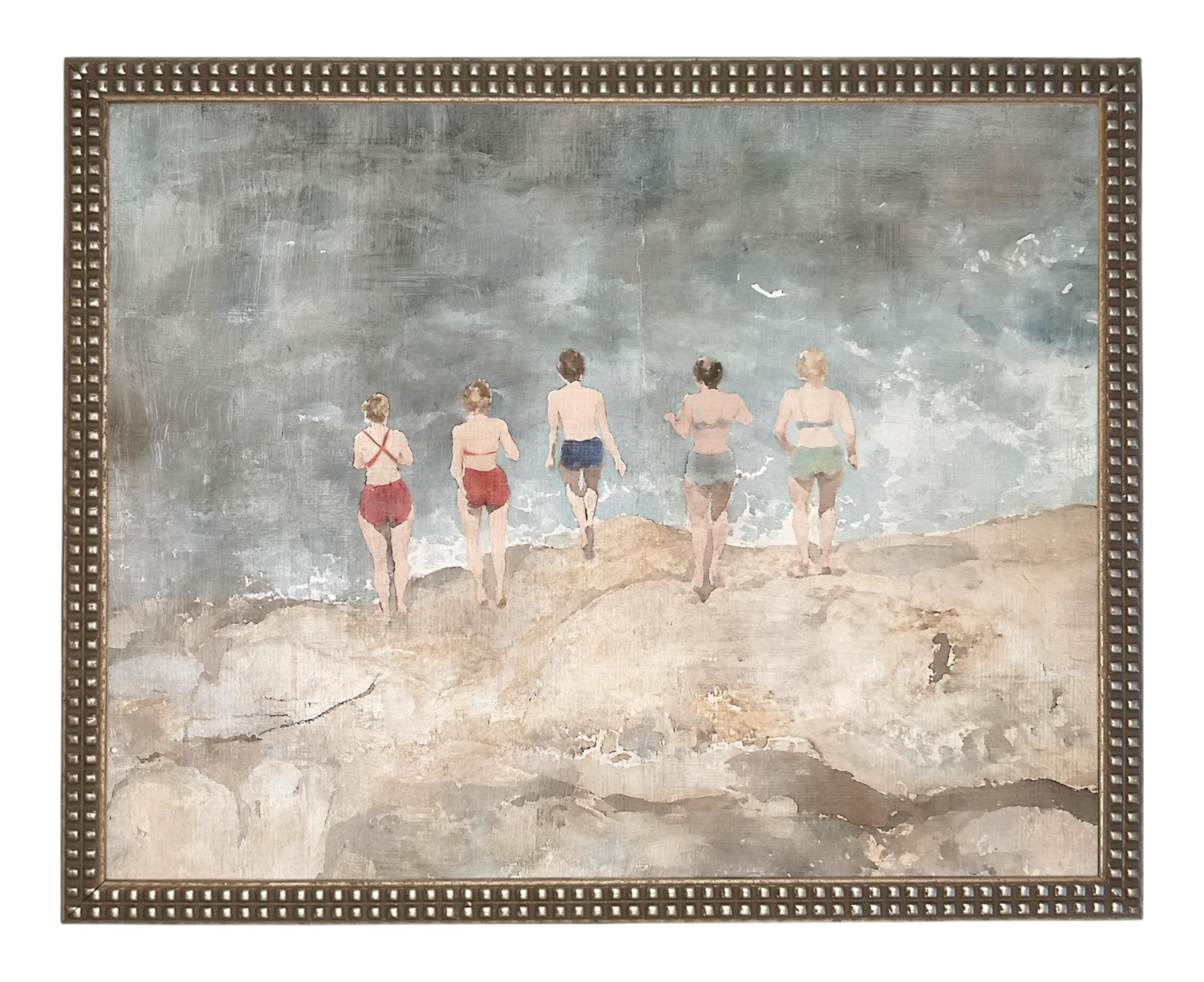 Vintage Beach Scene Framed Canvas Art Print #COAS-207