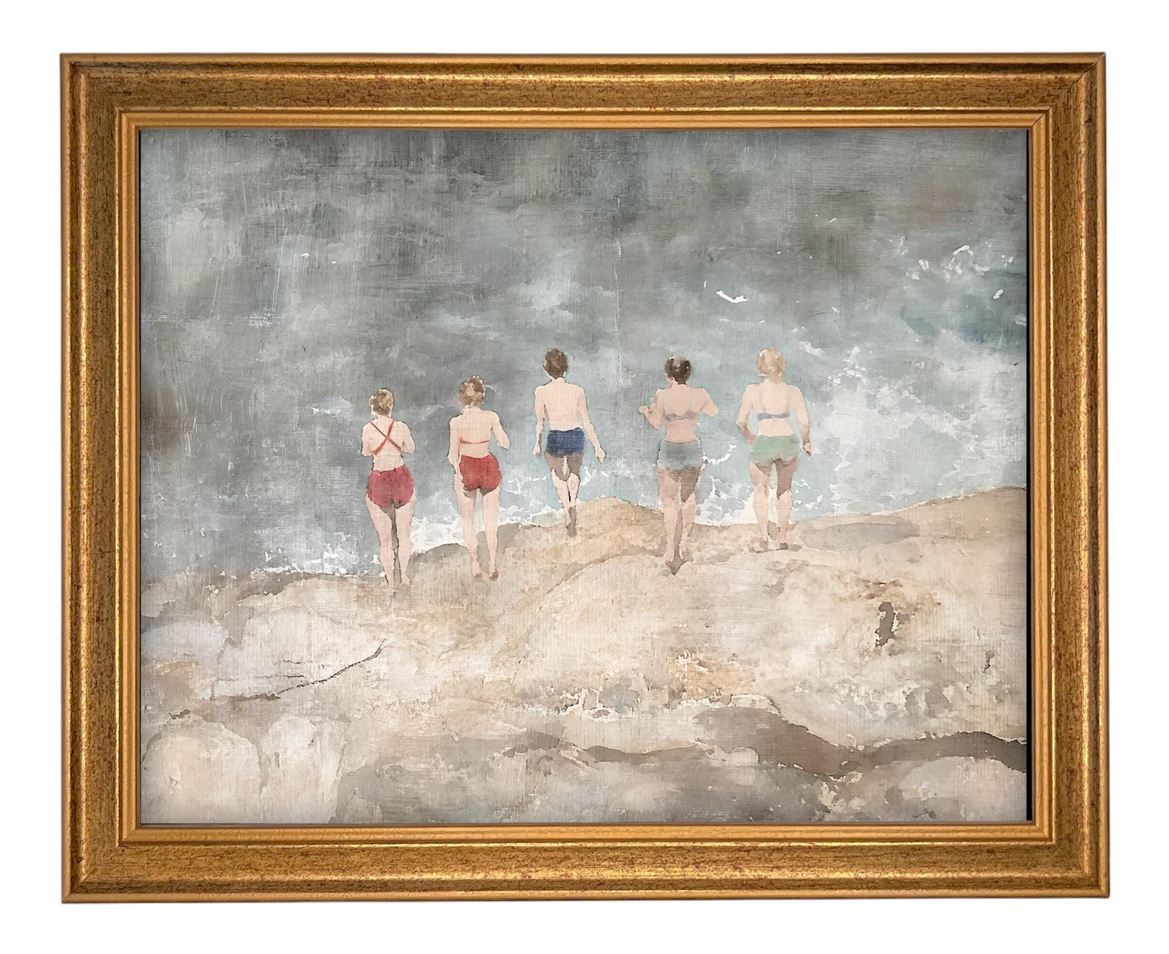 Vintage Beach Scene Framed Canvas Art Print #COAS-207