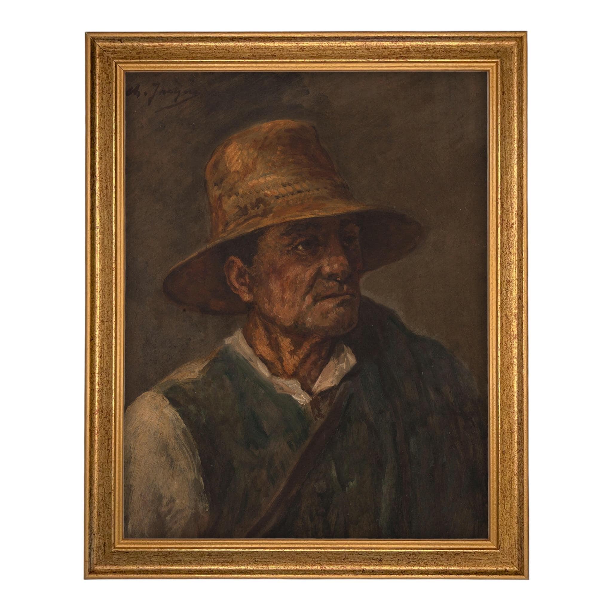 Vintage Framed Canvas Art // Framed Vintage Print // Vintage Painting // Vintage Oil Painting of a Man with Pipe // Moody Art //#P-555