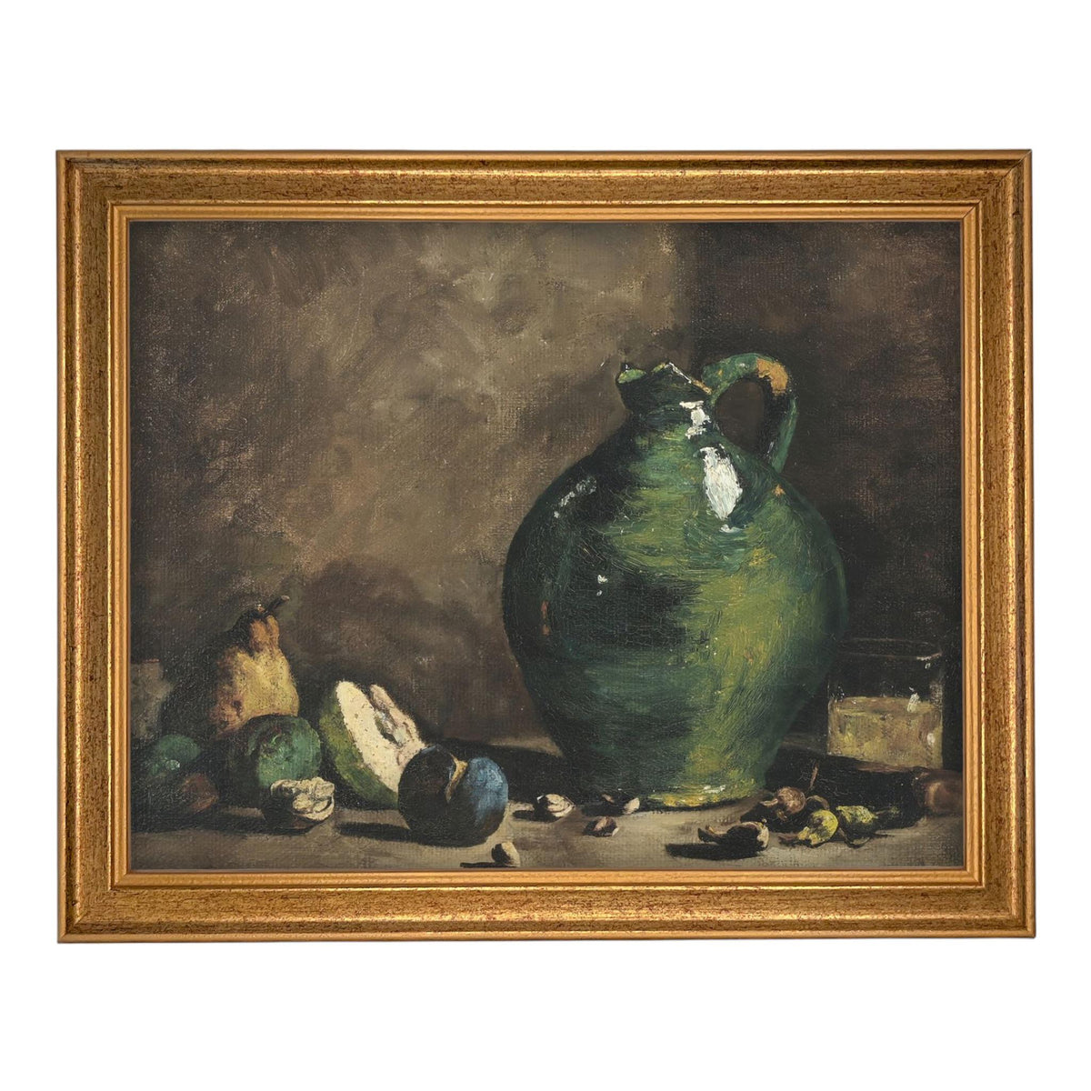 Vintage Framed Canvas Print: Green Pottery Still Life #ST-639