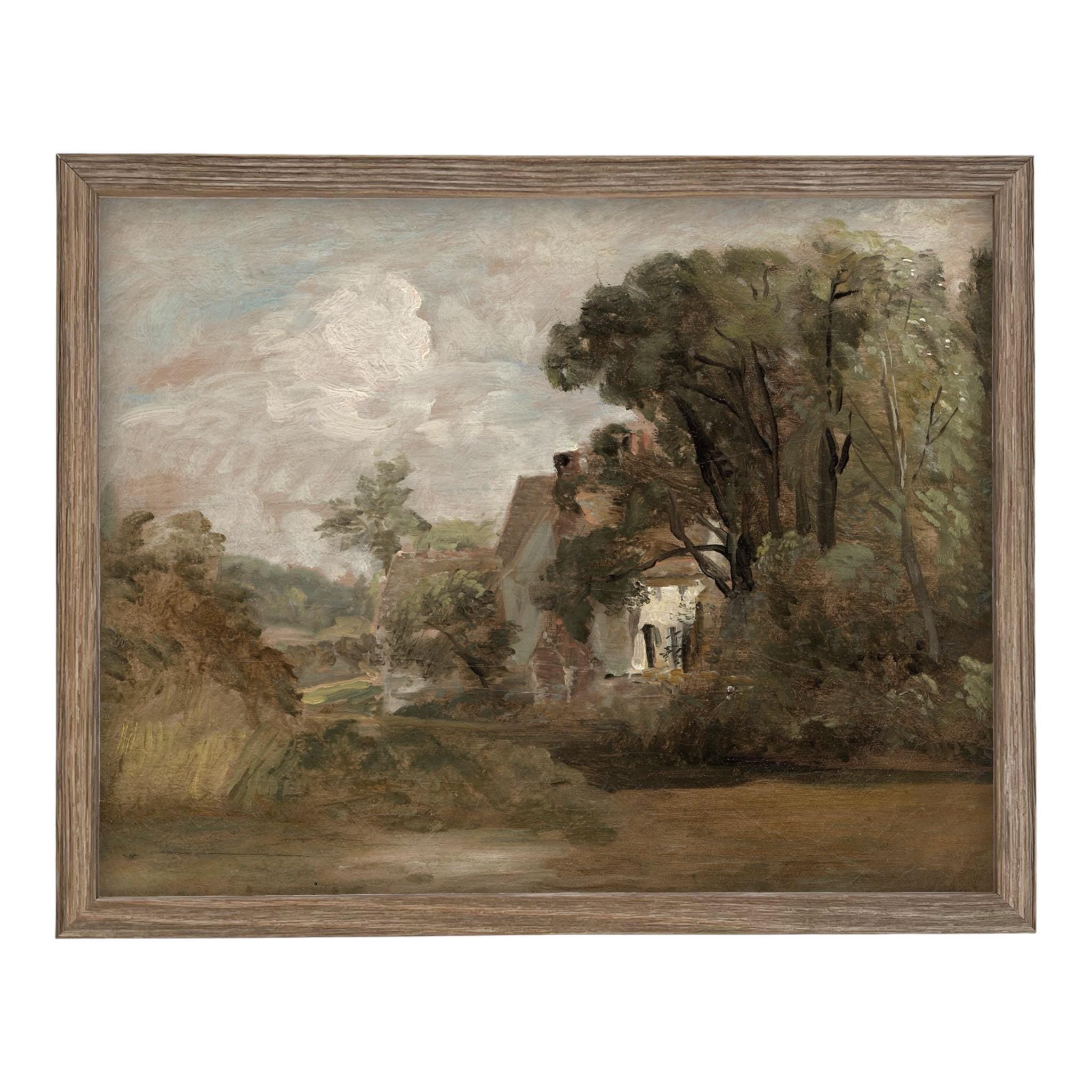 Framed Vintage Canvas Print: English Cottage Landscape Art #LAN-281