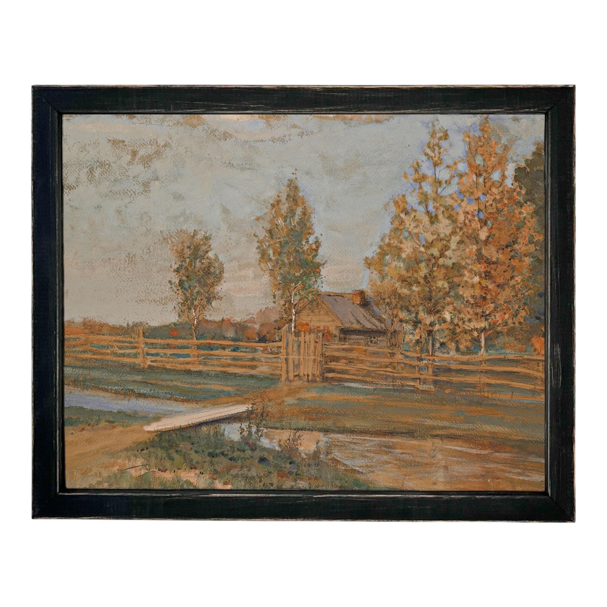 Framed Vintage Canvas Print: Fall Farmhouse Landscape Art #LAN-283