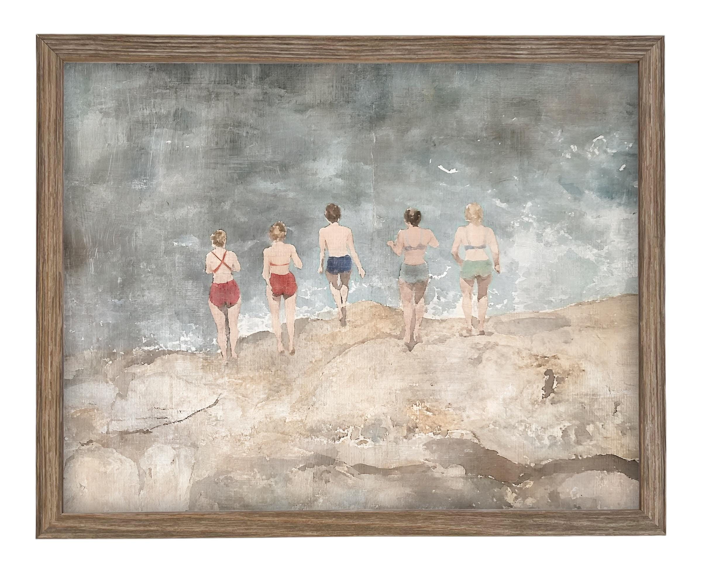 Vintage Beach Scene Framed Canvas Art Print #COAS-207