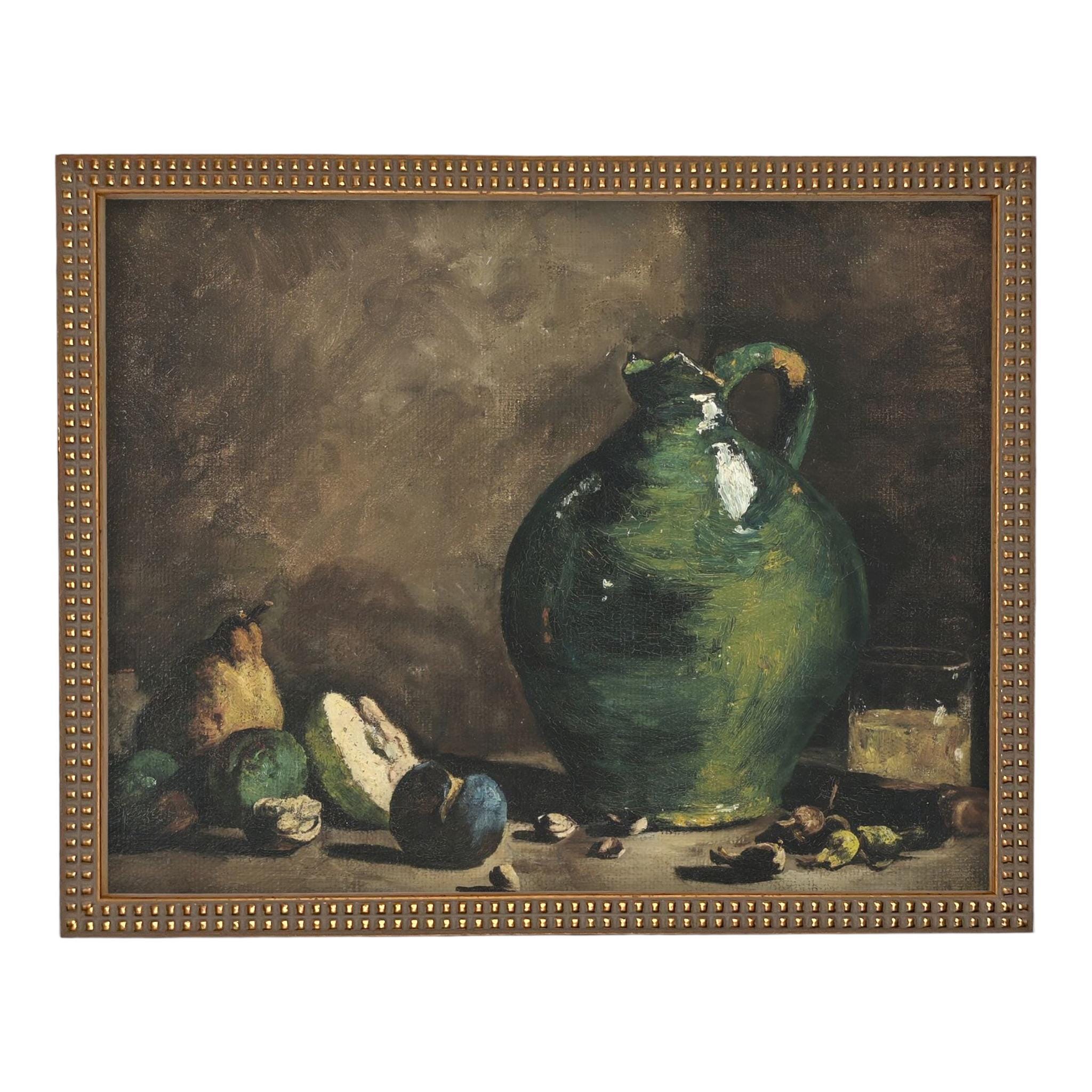 Vintage Framed Canvas Print: Green Pottery Still Life #ST-639