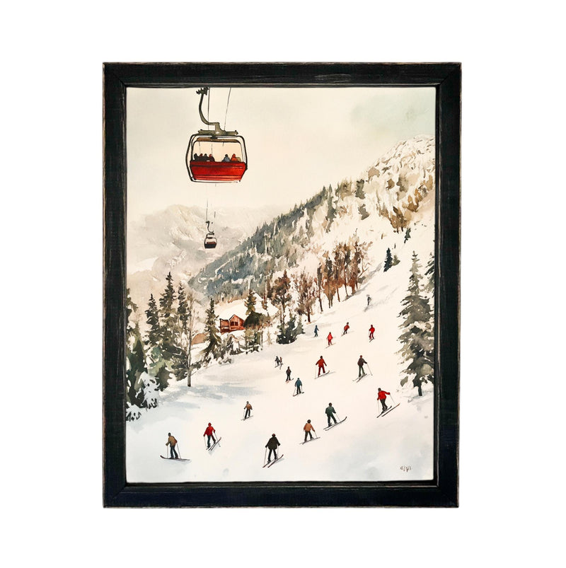 Vintage Ski Slope Canvas Print: Framed Winter Scene Art, Farmhouse Decor #CH-331