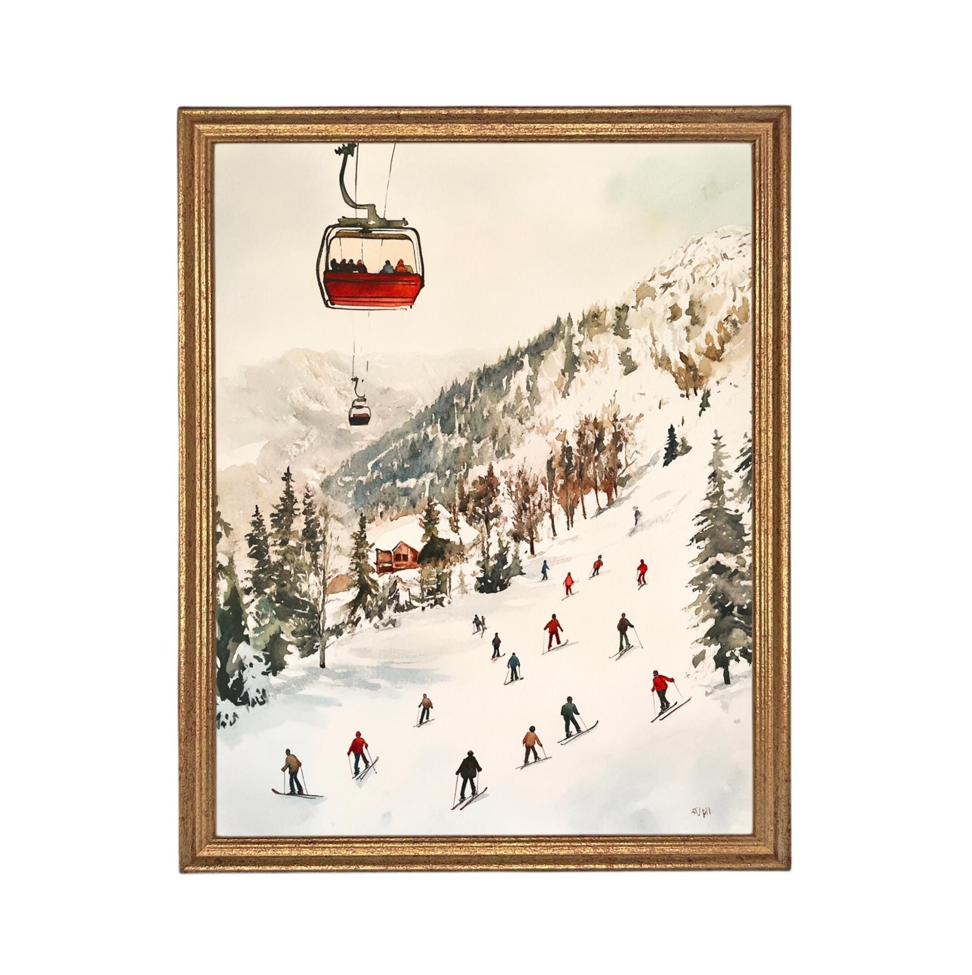 Vintage Ski Slope Canvas Print: Framed Winter Scene Art, Farmhouse Decor #CH-331