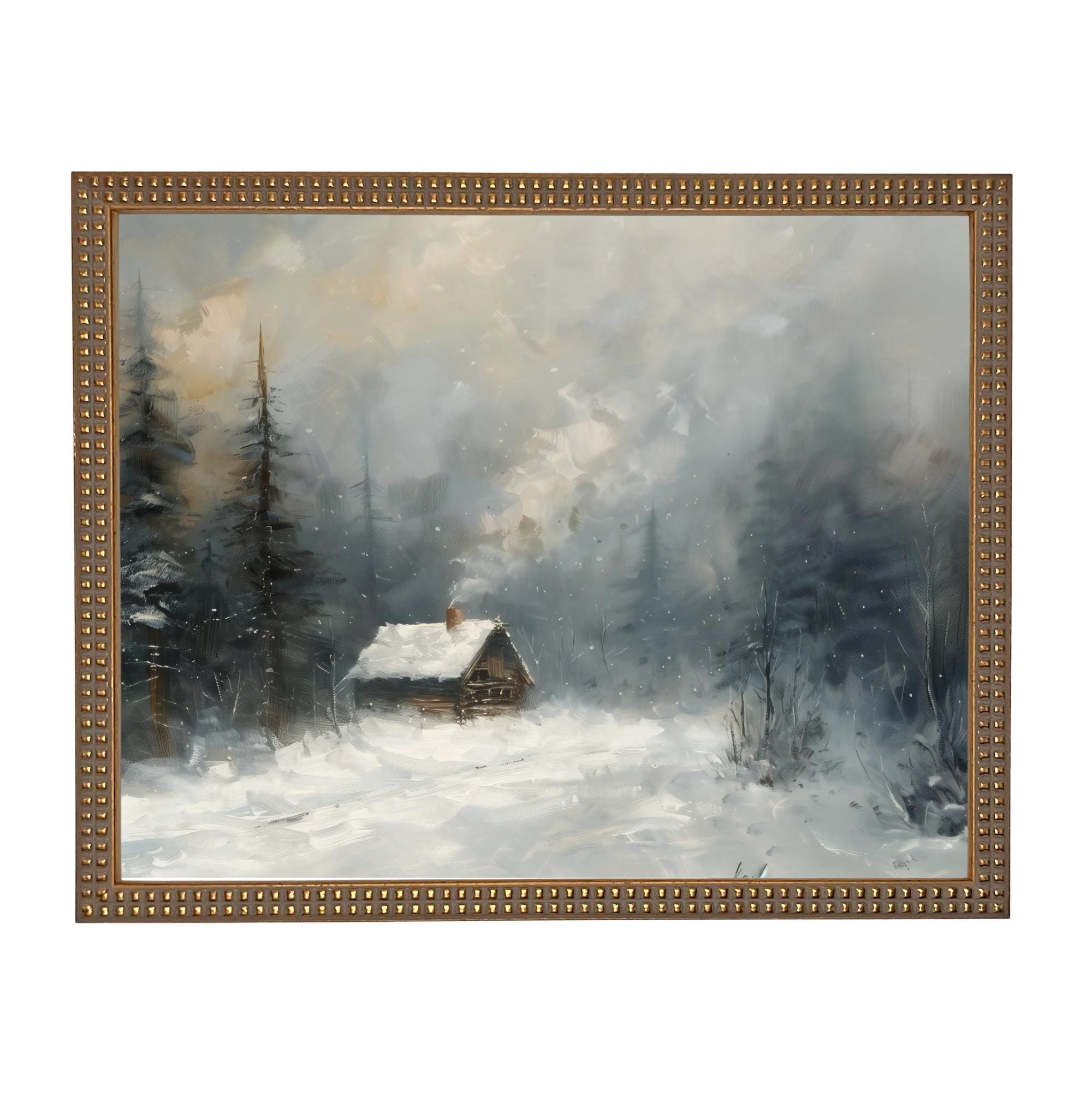Vintage Framed Canvas Art // Framed Vintage Christmas Print // Vintage Cottage Painting // Winter Landscape // Lakehouse Cabin // CH-332