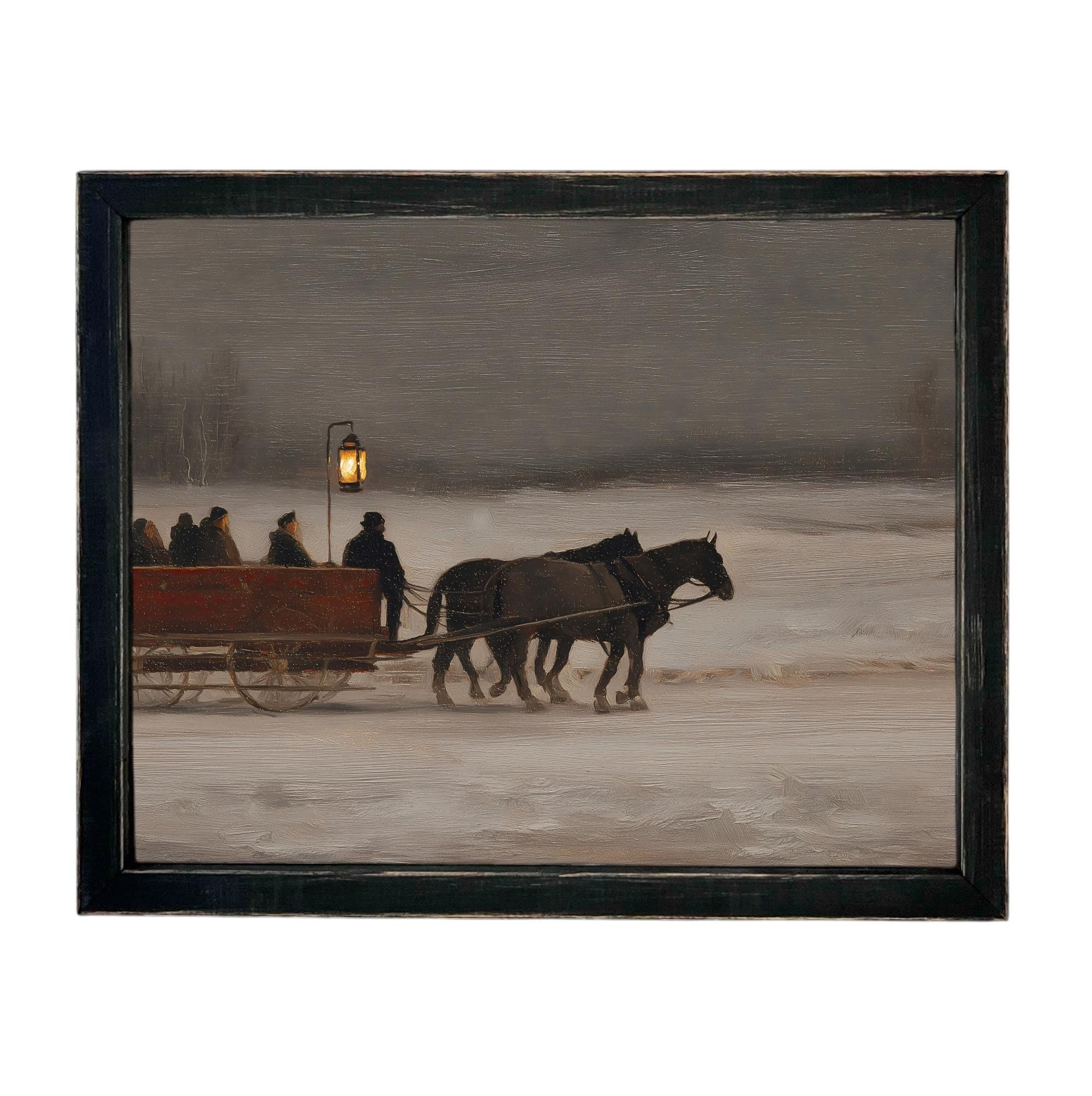 Vintage Sleigh Ride Canvas Print: Framed Winter Christmas Farmhouse Art CH-333