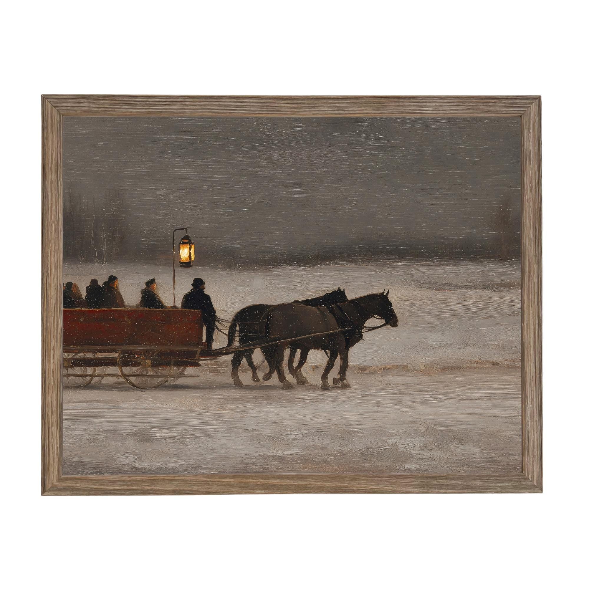 Vintage Sleigh Ride Canvas Print: Framed Winter Christmas Farmhouse Art CH-333