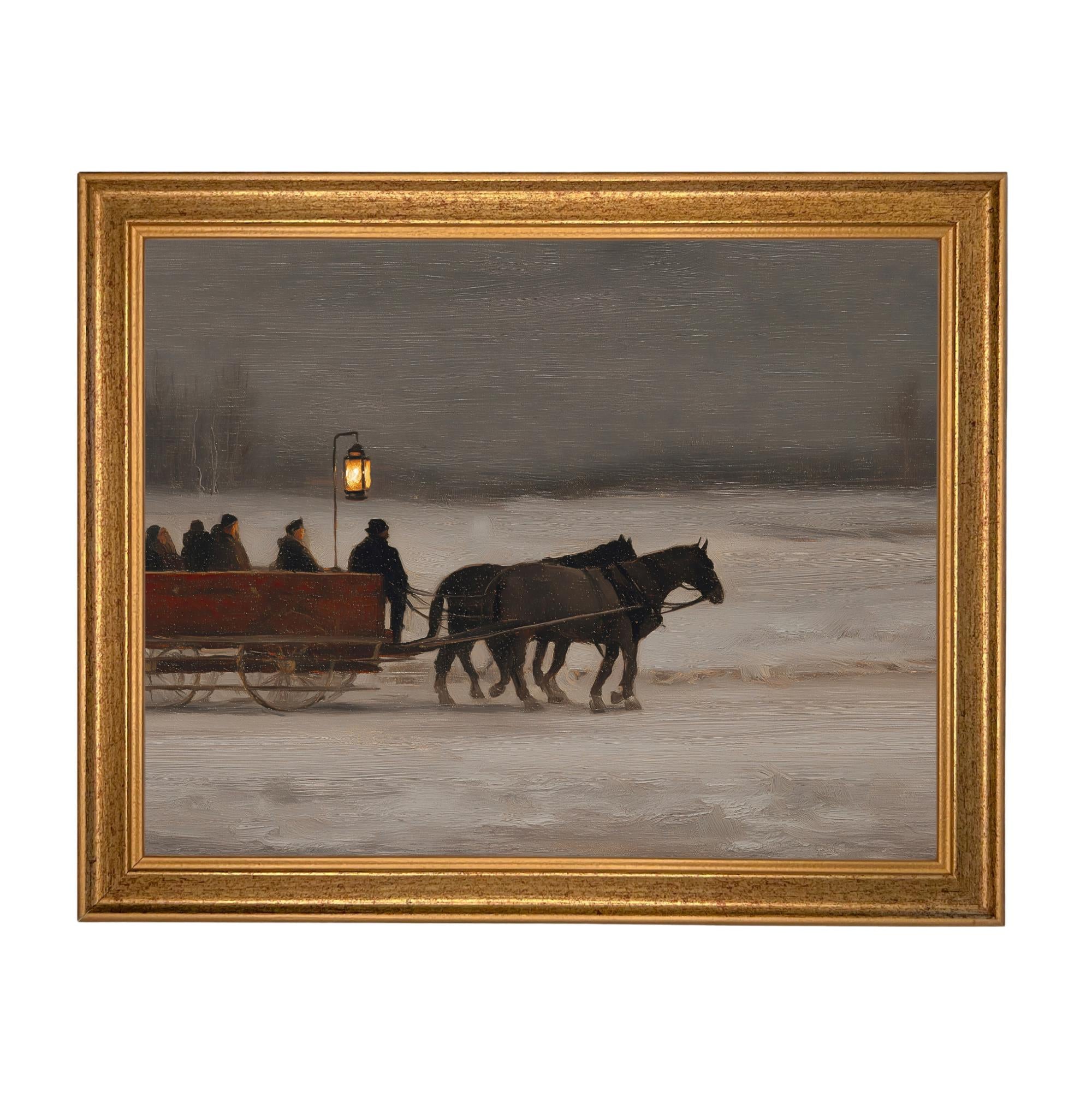 Vintage Sleigh Ride Canvas Print: Framed Winter Christmas Farmhouse Art CH-333