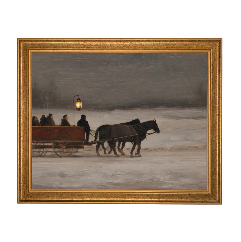 Vintage Sleigh Ride Canvas Print: Framed Winter Christmas Farmhouse Art CH-333